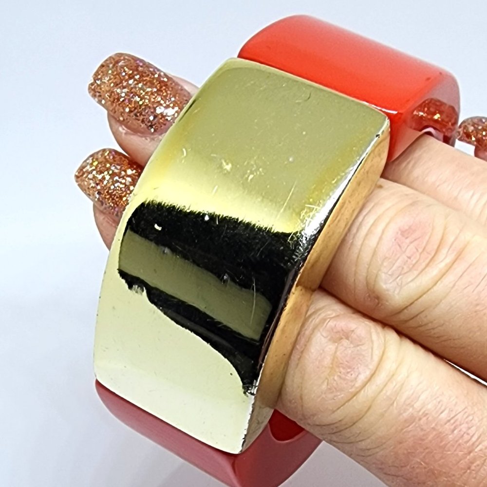Vintage Gold Deep Peach Orange Wide Chunky Retro Plastic Bangle Bracelet